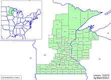 A map highlighting numerous contiguous counties in east and south Minnesota along with several contiguous counties in northwest Wisconsin.