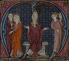 A bishop sitting on a throne with a crowned man on his left side; a crowned woman is taken away from the room