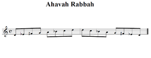 a visual representation of the Ahavah Rabbah scale D, E&#x266d;, F&#x266f;, G, A, B&#x266d;, C, D