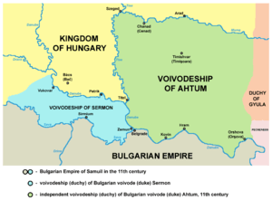 Map depicting Ajtony&rsquo;s realm bordered by the Kingdom of Hungary, the Transylvanian duchy of Gyula and a duchy of one Sermon