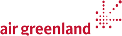 The Air Greenland workmark and starburst trademark in red on a white background