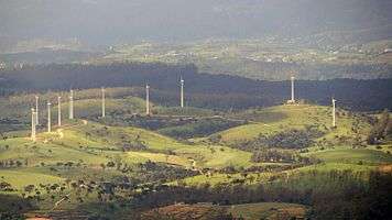 Aerial view of the Ambewela Aitken Spence Wind Farm, as seen from approximately 10&nbsp;km away from Horton Plains National Park.