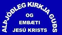 Se muestra el logo de la iglesia en islandés "Alþjóðleg kirkja Guðs og Embætti Jesú Krists"