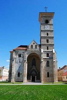 The entrance of a church with one tower