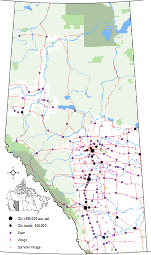 Locations of Alberta's urban municipalities