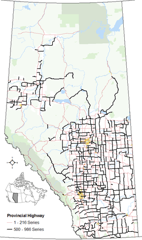 The alignments of the 500 - 986 series of highways within Alberta's provincial highway system within other base features including hydrography, national/provincial parks, cities and city equivalents, and the provincial green and white zones.