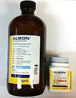 On the left, a large amber bottle of labeled, "Albon (sulfadimethoxine): Oral suspension 5%". On the right, a bottle of Albon pills (125 mg, 200-count)