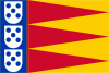 Blue vertical banner on the left with 3 vertically stacked white shields with 5 blue points each. Alternating red and yellow triangles on the rest of the flag.