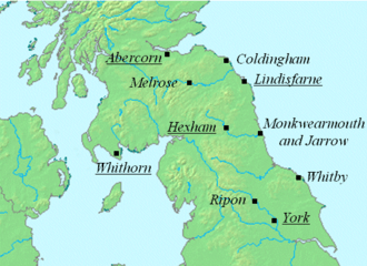 Map of Northumbria, showing the bishopric of Whithorn on the west coast, Abercorn on the north coast, Lindisfarn on the northeast coast and york in the south. The bishopric of Hexham is in the center. The abbey of Ripon is between York and Hexham and Whitby is on the coast south of Lindisfarne.