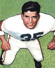 Agase pictured from above in uniform on a 1950 Bowman football card
