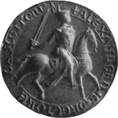 Greyscale photograph of the seal of Alexander II, King of Scotland.