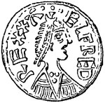 Drawing of a coin showing a portrait of Alfred the Great