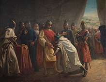 An 1883 painting showing Muhammad kissing the hand of Ferdinand III of Castile, while surrendering Jaén and agreeing to be his vassal.