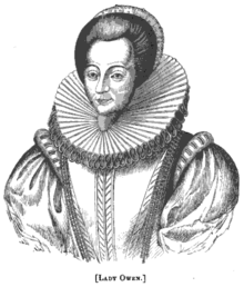 A black-and-white engraving of a woman, visible up to her waist, with the capiton "Lady Owen."