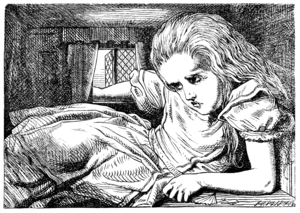 Illustration from Lewis Carroll's Alice's Adventures in Wonderland depicting the title character seated hunched over in a tiny room. Alice is positioned awkwardly with her weight supported partially by her left forearm, which rests on the floor and spans nearly half of the room's length. Her head is ducked beneath the low ceiling and her right arm reaches outside, resting on an open window's sill. The folds of Alice's dress occupy much of the remaining free space in the room.