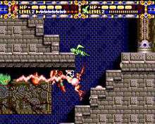 Gauges at the top represent the life and offensive capability of the player character, Alisia, and her pets. The area below the gauges is the main screen for the game; Alisia is jumping on a flight of stairs and firing her lightning at a group of enemies in this screen capture.