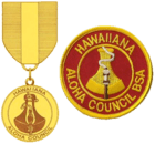 the badge is a round red patch with a gold border; the outer edge has the text Hawaiiana and Aloha Council; the inner circle has the image of a poi pounding stone with a flaming torch in front; the medal uses the same image as the badge suspended from a red and gold ribbon