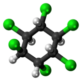 Ball-and-stick model of the alpha-(-)-hexachlorocyclohexane molecule