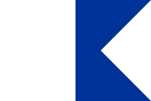 A flag, hoist half white, fly half blue, the fly edge has a triangular swallowtail cut-out along its full length