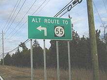 A green sign along a road lined with trees and power lines reading alt route to Route&nbsp;55 with an arrow pointing to the left