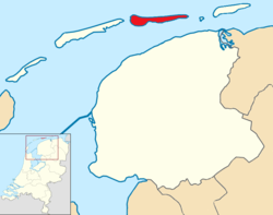 Highlighted position of Ameland in a municipal map of Friesland