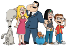 A group picture of a cartoon family, with an alien, mother, father, fish in a bowl, daughter and son