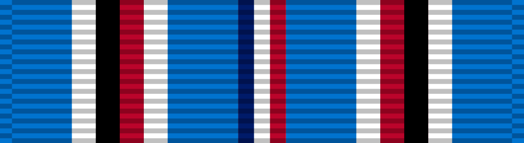 A light blue ribbon with three sets of white, red and black stripes
