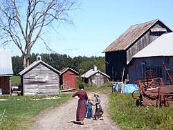 An Amish woman and three children, on a path to a house and six wooden farm buildings, past some farm equipment.