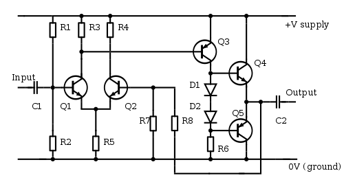 An electronic circuit diagram including resistors, capacitors, transistors and diodes