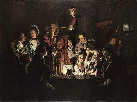 The painting "An Experiment on a Bird in an Air Pump" by Joseph Wright of Derby, 1768, showing Robert Boyle performing a decompression experiment in 1660.