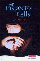 A cover of a book reading "An Inspector Calls", with a photo showing a woman's face lit up by a light with a dark background. She is holding her left hand in front of her face with her right hand. Also the shadow from her arm covering her mouth.
