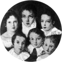 Miniature group portrait depicting six children in formal dress