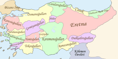 Map of Anatolia with various principalities in different colours, labelled in Turkish
