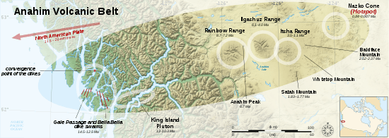 Map showing the location of an east-west trending zone of related volcanoes extending from the British Columbia Coast to the Interior.