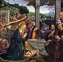 Square panel. The nativity of Jesus. Some ancient Roman columns are used to support a stable roof. A stone coffin has been reused as a feed trough. To the left, the Virgin Mary in a red dress, blue cloak and sheer veil kneels to worship the Christ Child, who is a plump baby lying in the foreground. Three shepherds, the ox and the donkey are worshipping the child. Beside Mary, Joseph looks up to see a long procession coming, as the Three Wise Men draw near, with their retinue.