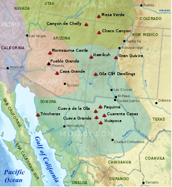 A map of the American Southwest and the northwest of Mexico showing modern political boundaries. Overlaid over them are four colored and labeled territories: "Anasazi", "Hohokam", "Petaya", and "Mogollón". Anasazi land is colored green.