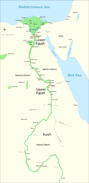 Map of Egypt centered on the Nile valley, with the main ancient settlements marked out.