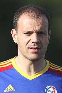 A man with short dark hair wearing a blue jersey with yellow stripes.