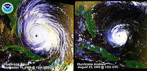A comparison of two hurricanes, with the one of the left, Floyd, noticeably larger than the other, Andrew