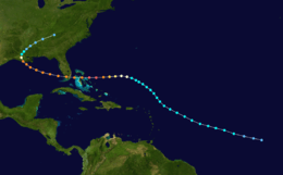 The path of Hurricane Andrew, which starts in the open Atlantic Ocean and tracks northwestward. It curves westward while between Puerto Rico and Bermuda, eventually crossing the Bahamas and Florida. In the Gulf of Mexico, the track re-curves into Louisiana and stops over eastern Tennessee.