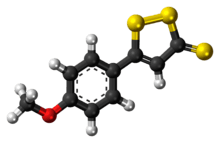 Ball-and-stick model of the anethole trithione molecule