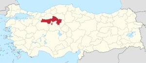 Ankara (II) highlighted in red on a beige political map of Turkeym