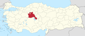 Ankara (I) highlighted in red on a beige political map of Turkeym