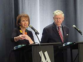A photograph of Ann and Rud Turnbull. They are standing at two black podiums against a dark cloth curtain backdrop. Ann Turnbull is wearing a black dress and a brightly colored multi-strand bead necklace. She is gesturing with a projector remote in her hand. Rud Turnbull is wearing a dark suit jacket and maroon striped tie. He has his hands folded behind his back and is watching Ann as she speaks.