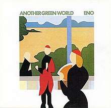 A picture of the album cover. In the center is an image made of geometric shapes showing two people inside and a window showing bushes and a man outside. Above this image the words "Another Green World" and "Eno" are written.