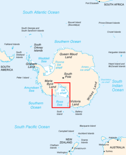  Outline map of continental Antarctica also showing parts of Australia, New Zealand, South America and South Africa. Various landmarks on the continent and in the surrounding oceans are labelled.