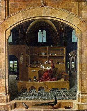 Oil on panel. The saint is a plump man in a red robe. His red cardinal's hat lies near him on a chair. There are many small details such as books and potplants. A peacock and partidge are walking near the arch that frames the scene