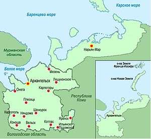 Green shaded map, labeled in Russian with red dots, of northern Russia