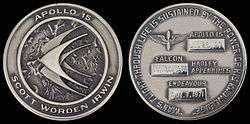  Apollo 15 mission emblem and crew names (front). Dates (launch, lunar landing, and return) and landing site (back)