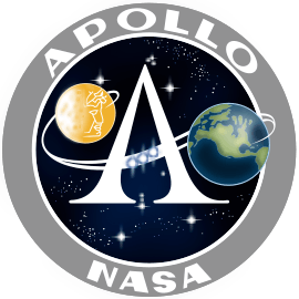 The Apollo program logo.  Inside is a representation of the Earth and the Moon with a large letter A linking the two.  A grey circle surrounds the scene with the text "Apollo NASA"